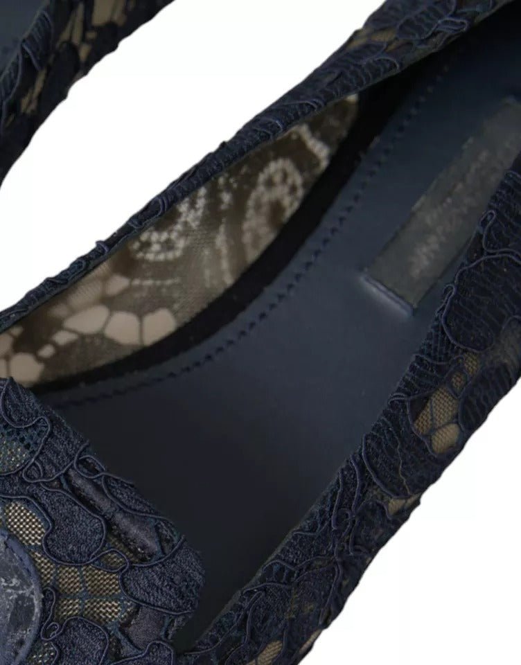 Dolce & Gabbana Dark Blue Taormina Lace Slip On Flats Shoes - SMARTMARTNZ