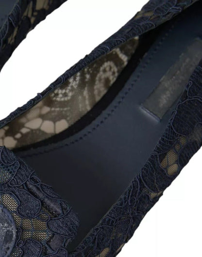 Dolce & Gabbana Dark Blue Taormina Lace Slip On Flats Shoes - SMARTMARTNZ