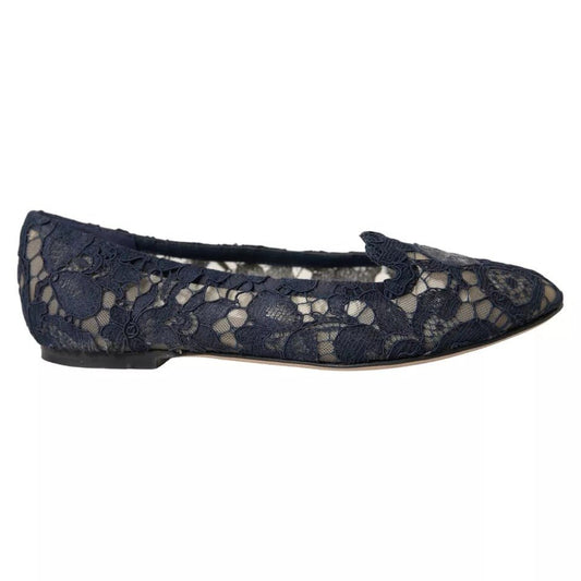 Dolce & Gabbana Dark Blue Taormina Lace Slip On Flats Shoes - SMARTMARTNZ