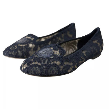 Dolce & Gabbana Dark Blue Taormina Lace Slip On Flats Shoes - SMARTMARTNZ