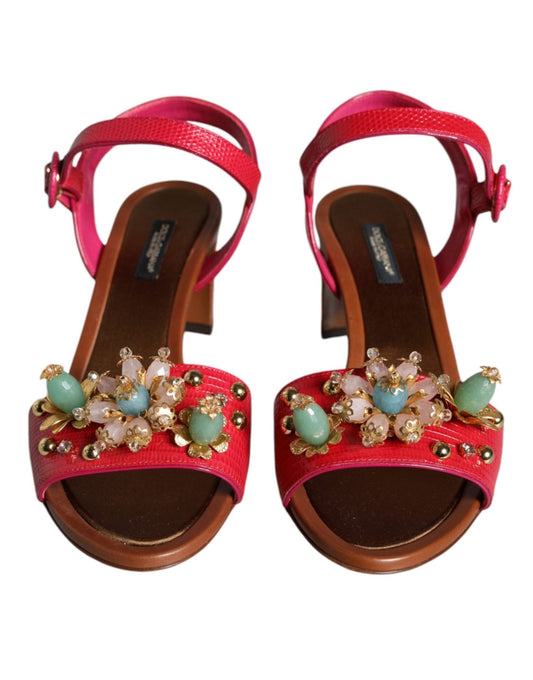 Dolce & Gabbana Fuchsia Leather Embellished Keira Sandals Shoes - SMARTMARTNZ