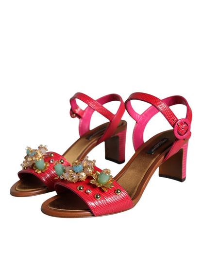 Dolce & Gabbana Fuchsia Leather Embellished Keira Sandals Shoes - SMARTMARTNZ