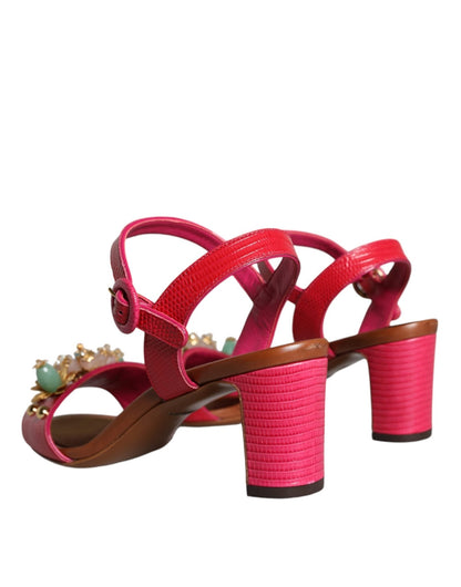 Dolce & Gabbana Fuchsia Leather Embellished Keira Sandals Shoes - SMARTMARTNZ