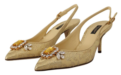 Dolce & Gabbana Gold Crystal Slingbacks Pumps Heels Shoes - SMARTMARTNZ