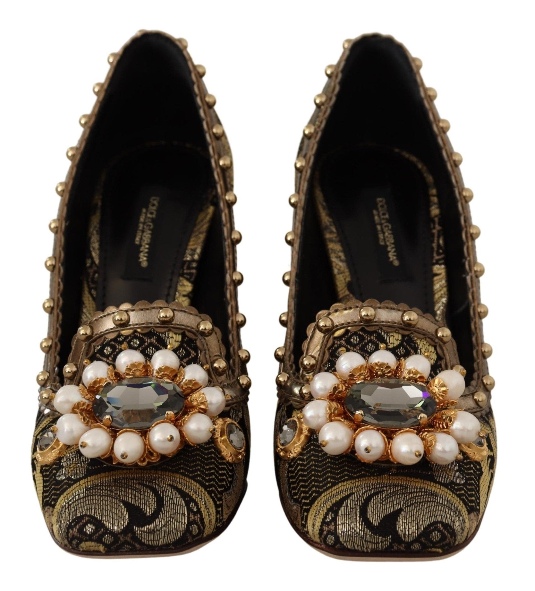Dolce & Gabbana Gold Crystal Square Toe Brocade Pumps Shoes - SMARTMARTNZ