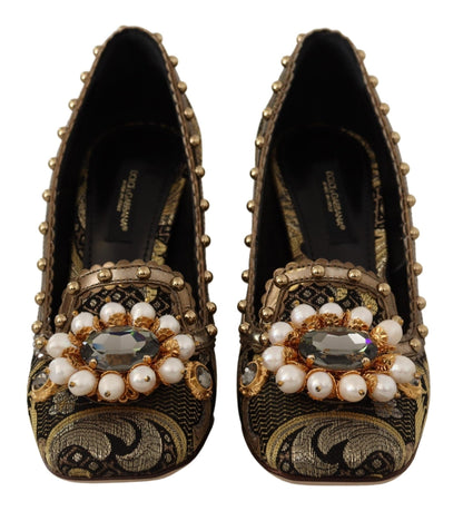 Dolce & Gabbana Gold Crystal Square Toe Brocade Pumps Shoes - SMARTMARTNZ