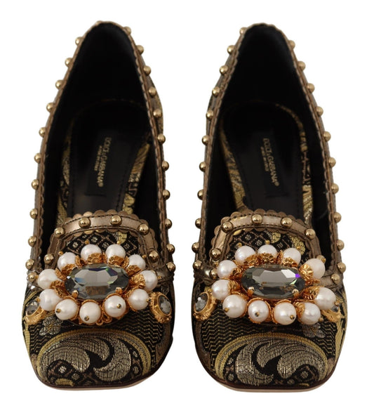 Dolce & Gabbana Gold Crystal Square Toe Brocade Pumps Shoes - SMARTMARTNZ