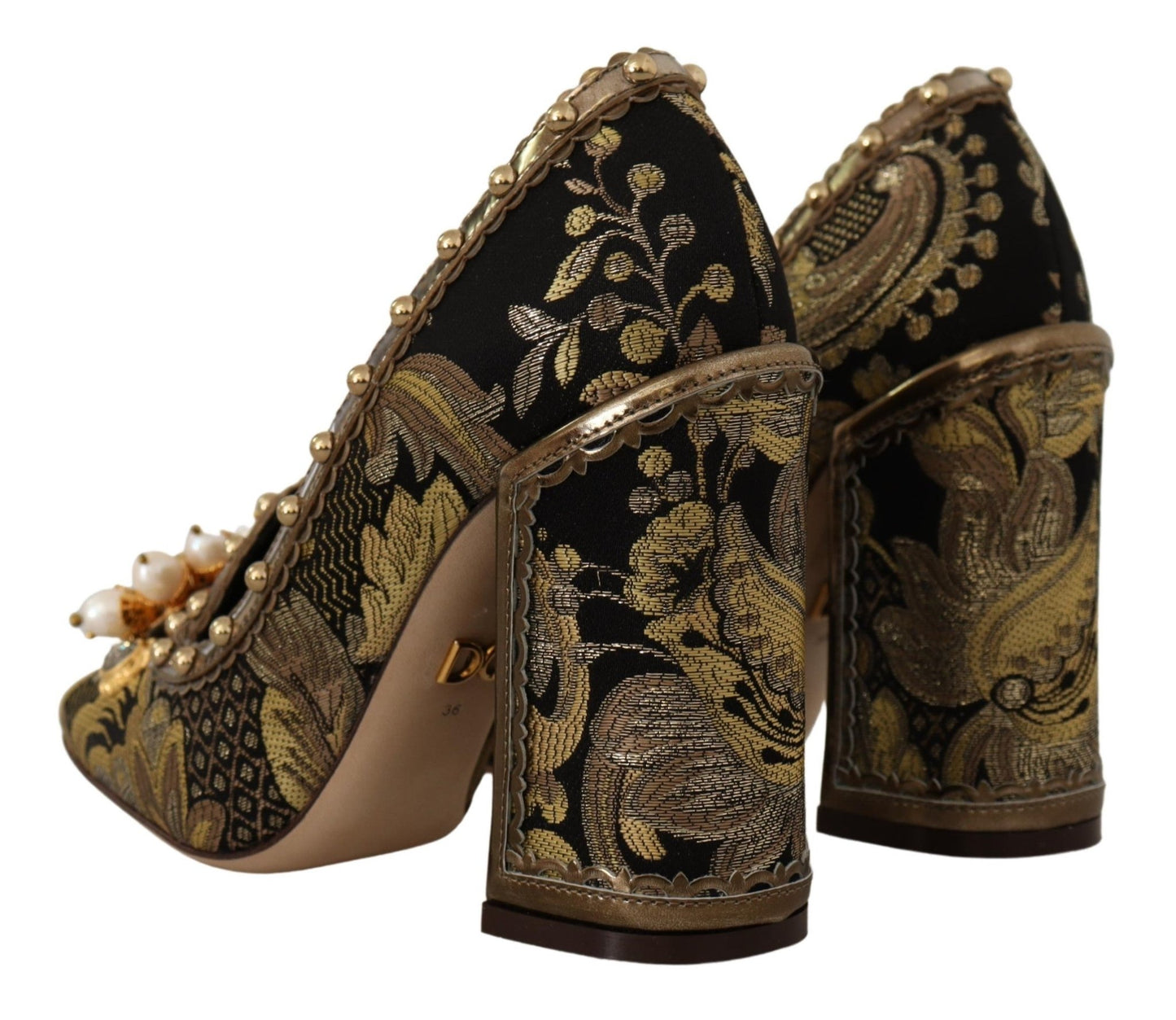 Dolce & Gabbana Gold Crystal Square Toe Brocade Pumps Shoes - SMARTMARTNZ