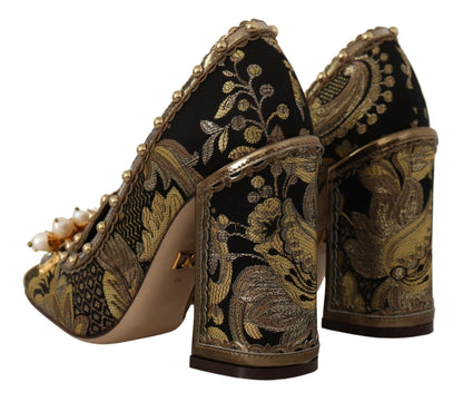Dolce & Gabbana Gold Crystal Square Toe Brocade Pumps Shoes - SMARTMARTNZ