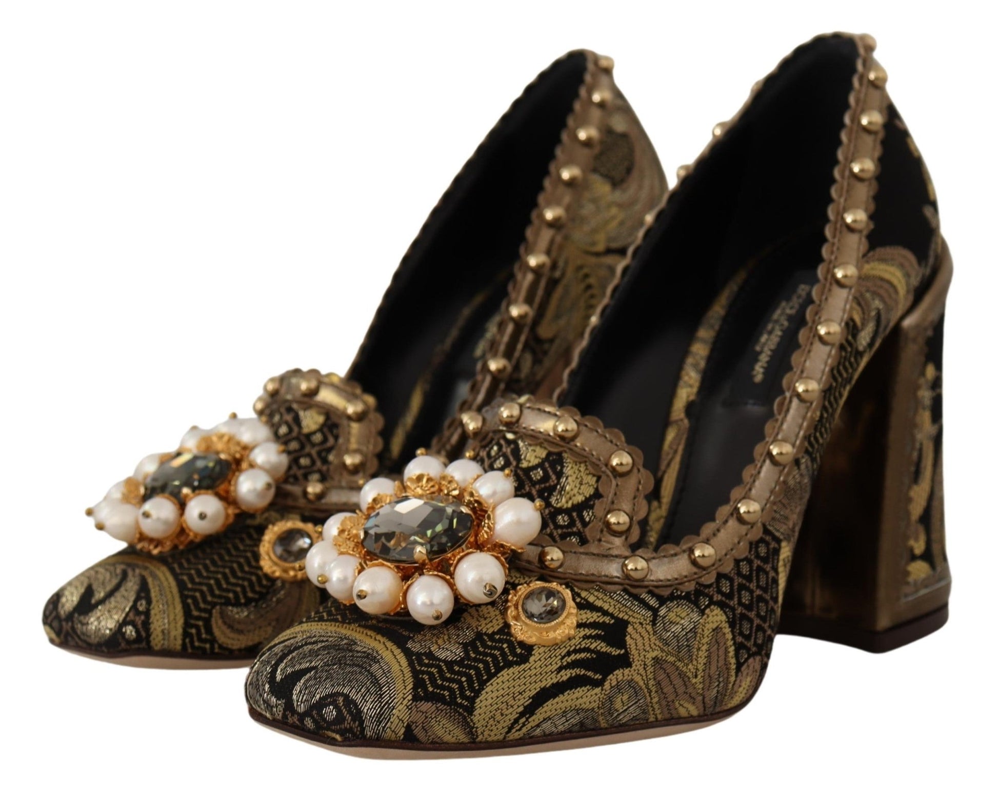 Dolce & Gabbana Gold Crystal Square Toe Brocade Pumps Shoes - SMARTMARTNZ