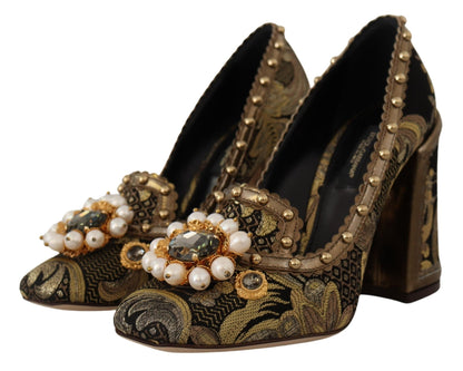 Dolce & Gabbana Gold Crystal Square Toe Brocade Pumps Shoes - SMARTMARTNZ