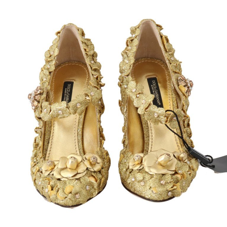 Dolce & Gabbana Gold Floral Crystal Mary Janes Pumps - SMARTMARTNZ