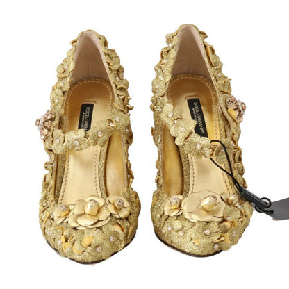 Dolce & Gabbana Gold Floral Crystal Mary Janes Pumps - SMARTMARTNZ