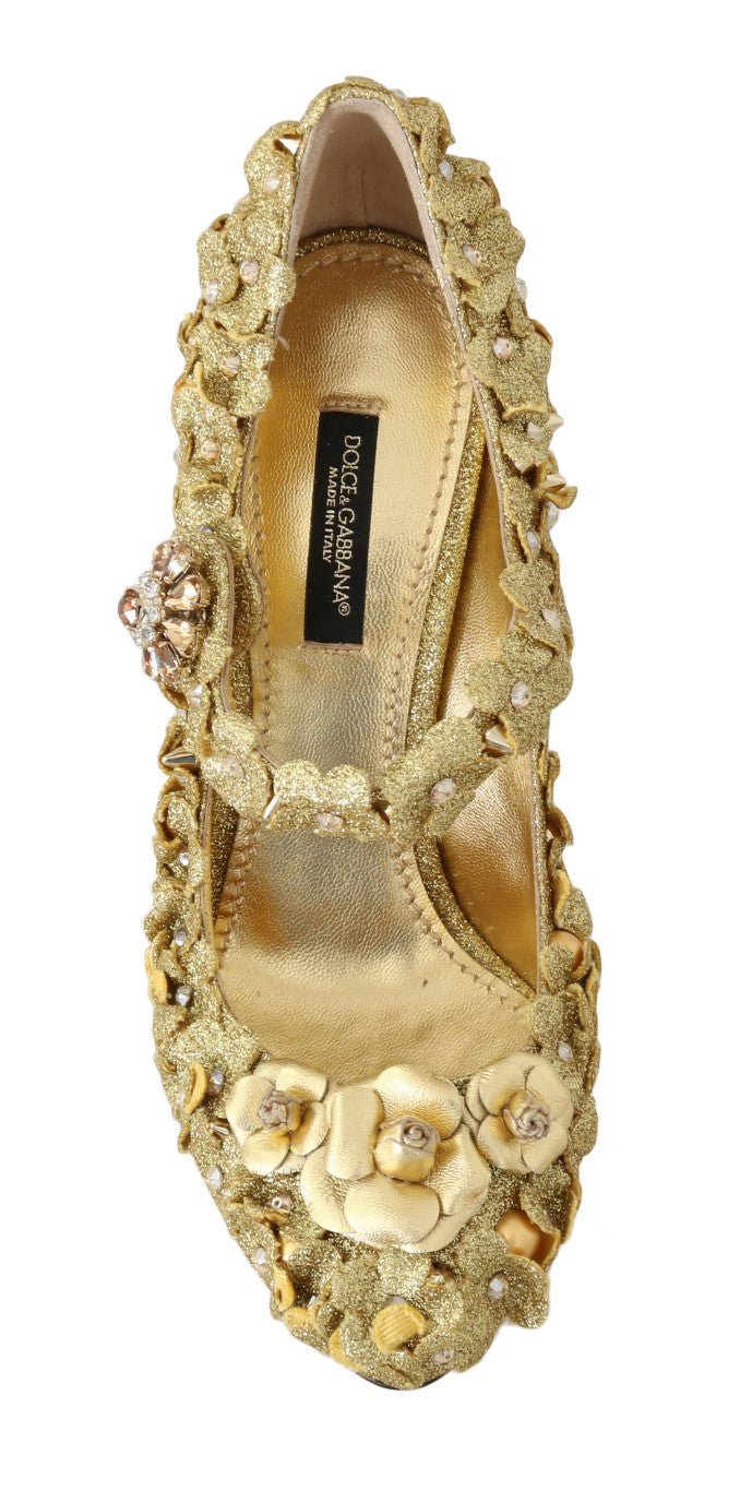 Dolce & Gabbana Gold Floral Crystal Mary Janes Pumps - SMARTMARTNZ