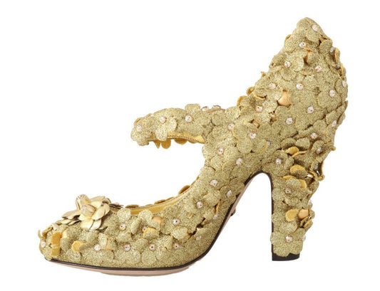 Dolce & Gabbana Gold Floral Crystal Mary Janes Pumps - SMARTMARTNZ