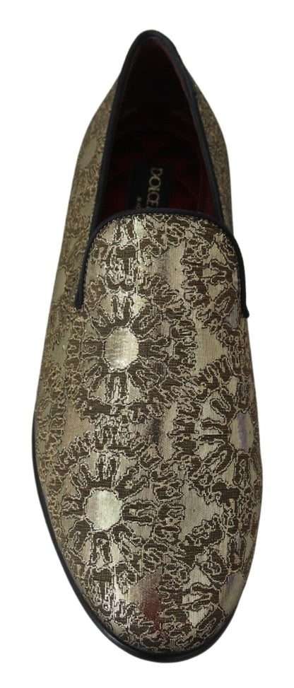 Dolce & Gabbana Gold Jacquard Flats Mens Loafers Shoes - SMARTMARTNZ