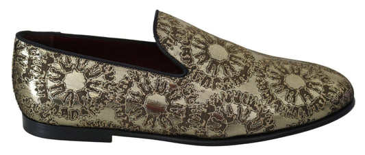 Dolce & Gabbana Gold Jacquard Flats Mens Loafers Shoes - SMARTMARTNZ