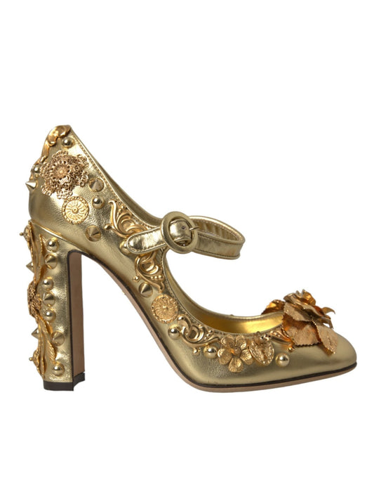 Dolce & Gabbana Gold Leather Crystal Mary Janes Pumps Shoes - SMARTMARTNZ