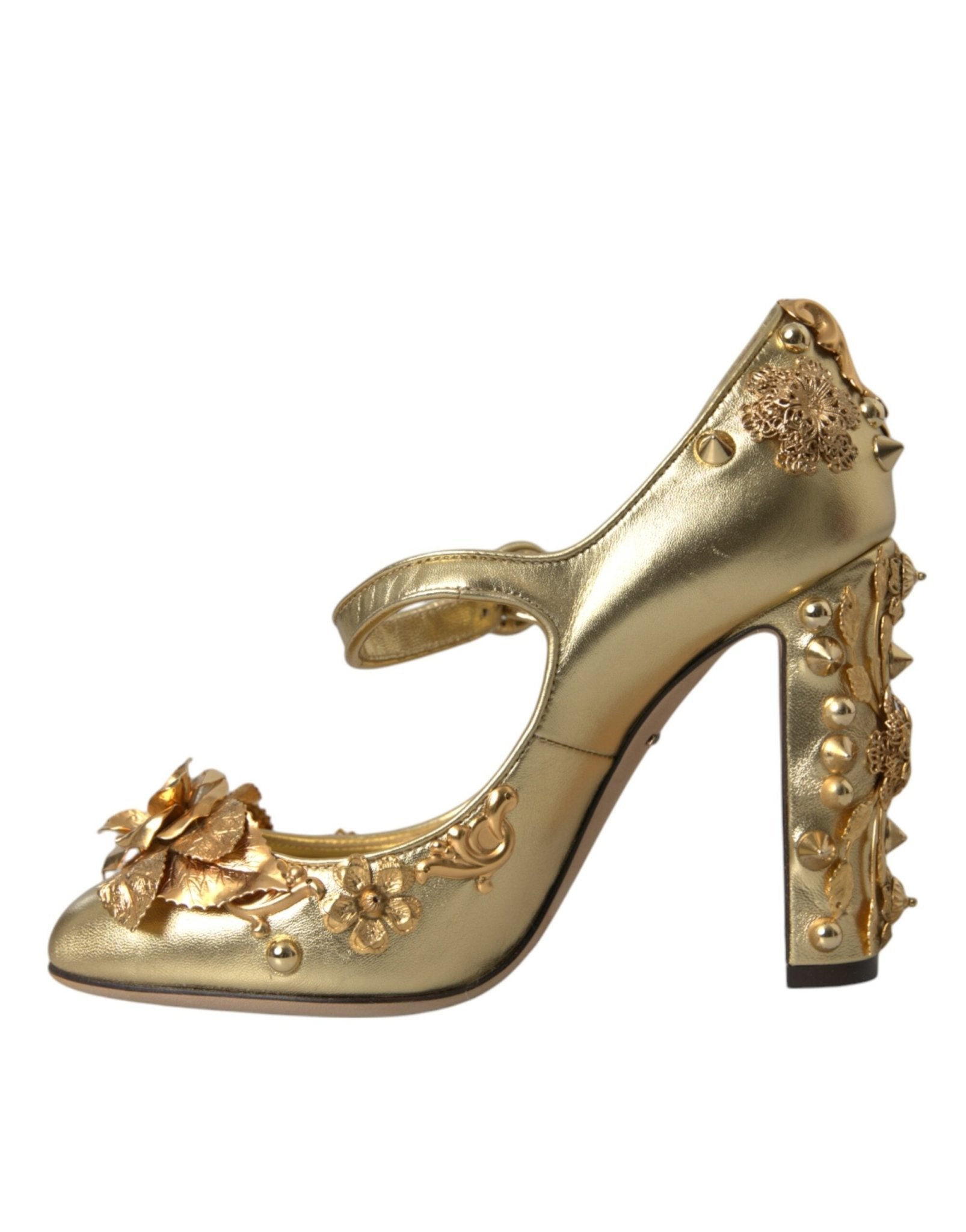 Dolce & Gabbana Gold Leather Crystal Mary Janes Pumps Shoes - SMARTMARTNZ