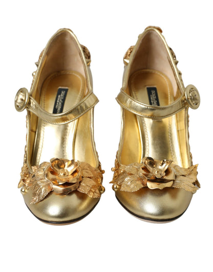Dolce & Gabbana Gold Leather Crystal Mary Janes Pumps Shoes - SMARTMARTNZ