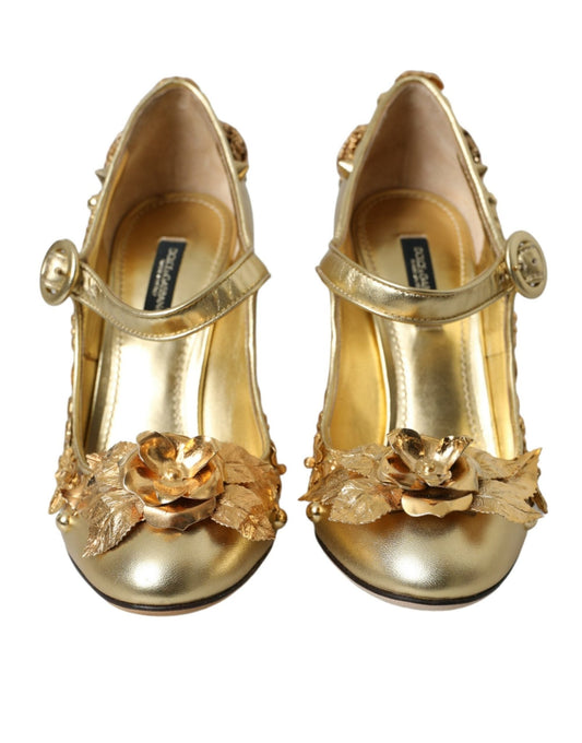 Dolce & Gabbana Gold Leather Crystal Mary Janes Pumps Shoes - SMARTMARTNZ