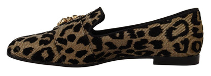 Dolce & Gabbana Gold Leopard Print Crystals Loafers Shoes - SMARTMARTNZ