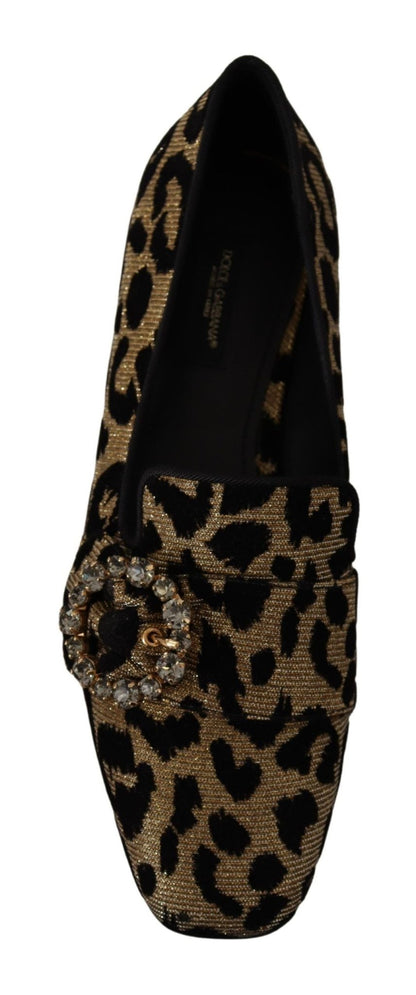Dolce & Gabbana Gold Leopard Print Crystals Loafers Shoes - SMARTMARTNZ