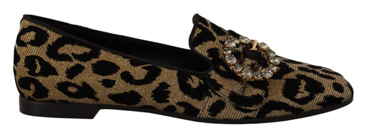 Dolce & Gabbana Gold Leopard Print Crystals Loafers Shoes - SMARTMARTNZ