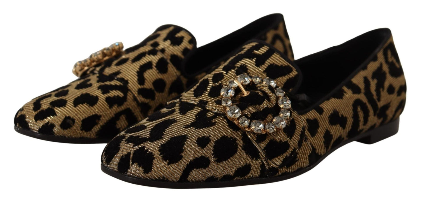 Dolce & Gabbana Gold Leopard Print Crystals Loafers Shoes - SMARTMARTNZ
