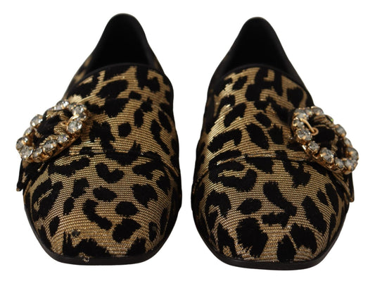 Dolce & Gabbana Gold Leopard Print Crystals Loafers Shoes - SMARTMARTNZ