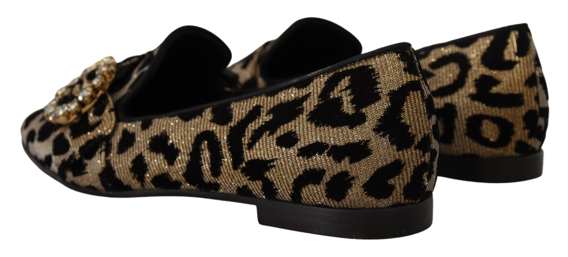 Dolce & Gabbana Gold Leopard Print Crystals Loafers Shoes - SMARTMARTNZ