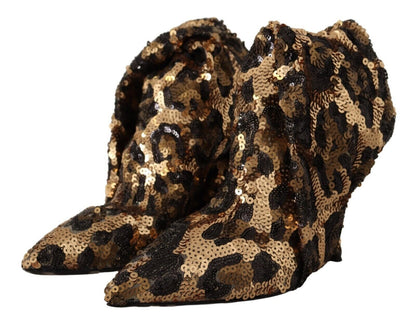 Dolce & Gabbana Gold Leopard Sequins Heels Boots Shoes - SMARTMARTNZ