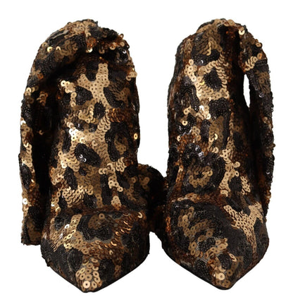 Dolce & Gabbana Gold Leopard Sequins Heels Boots Shoes - SMARTMARTNZ