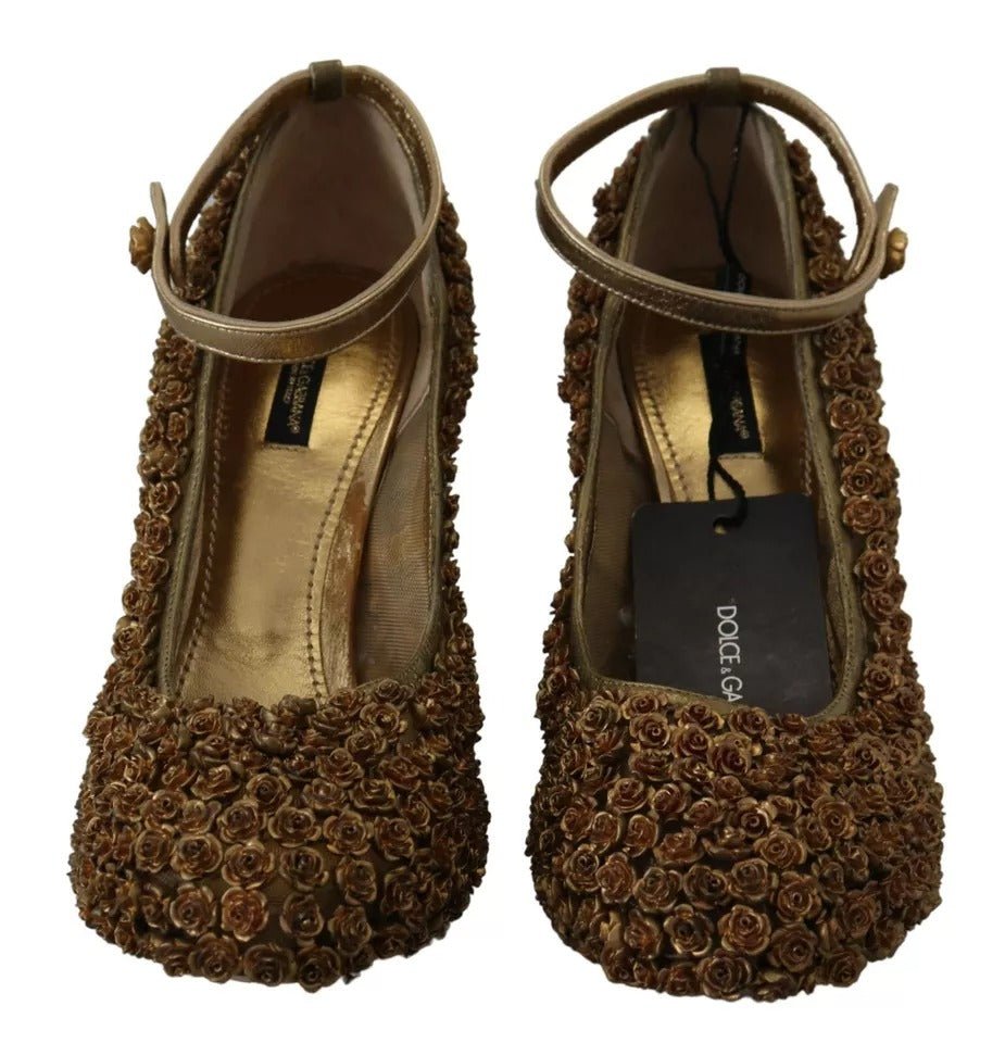 Dolce & Gabbana Gold Roses Embellished Heels Pumps Shoes - SMARTMARTNZ