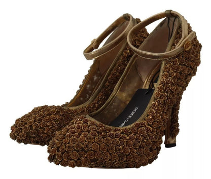 Dolce & Gabbana Gold Roses Embellished Heels Pumps Shoes - SMARTMARTNZ
