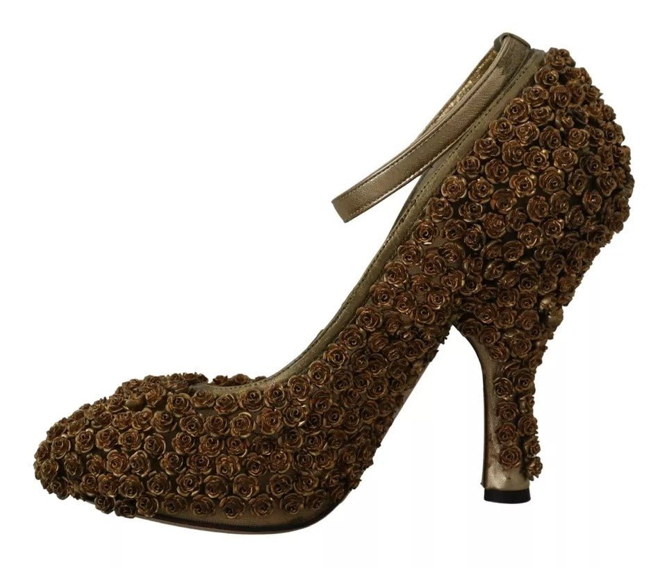 Dolce & Gabbana Gold Roses Embellished Heels Pumps Shoes - SMARTMARTNZ