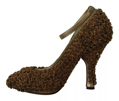 Dolce & Gabbana Gold Roses Embellished Heels Pumps Shoes - SMARTMARTNZ