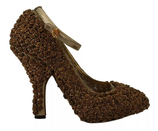 Dolce & Gabbana Gold Roses Embellished Heels Pumps Shoes - SMARTMARTNZ