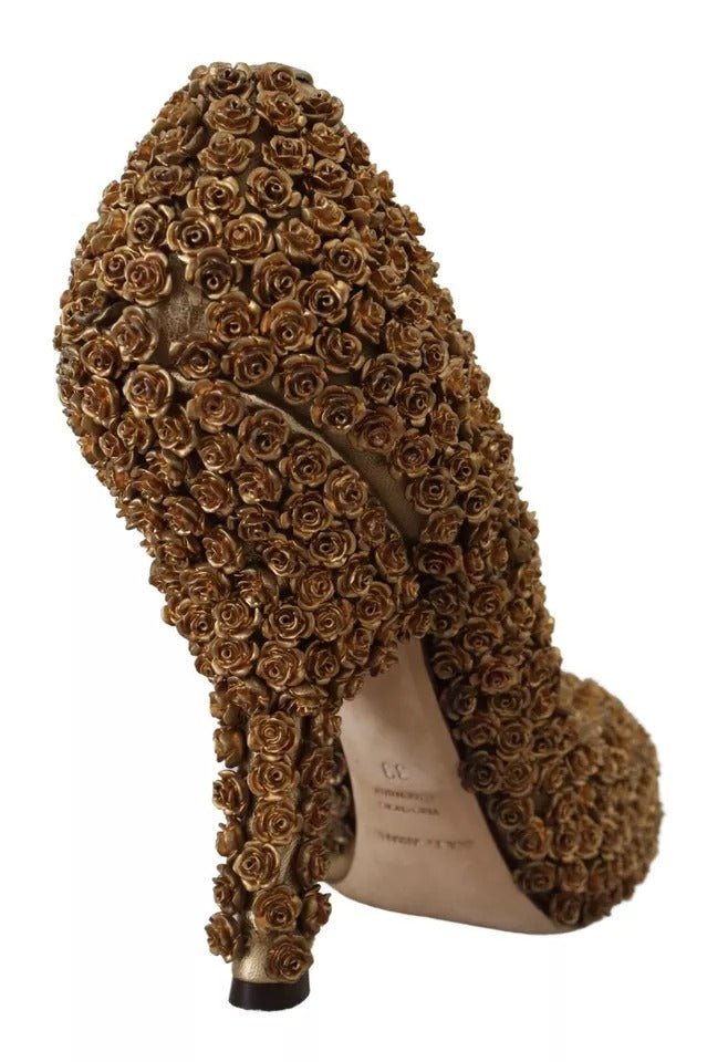 Dolce & Gabbana Gold Roses Embellished Heels Pumps Shoes - SMARTMARTNZ