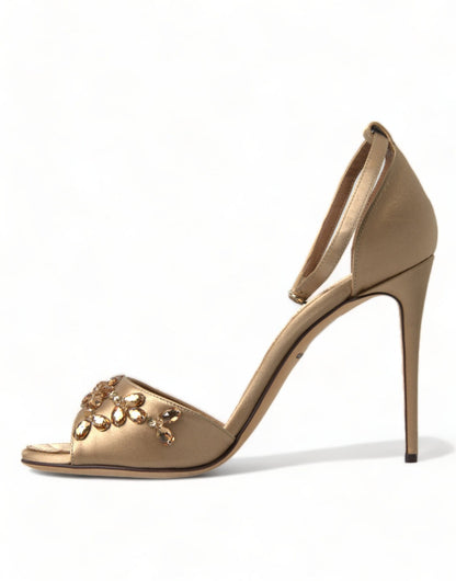 Dolce & Gabbana Gold Satin Ankle Strap Crystal Sandals Shoes - SMARTMARTNZ