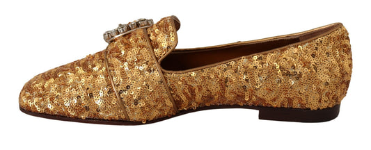 Dolce & Gabbana Gold Sequin Crystal Flat Women Loafers Shoes - SMARTMARTNZ
