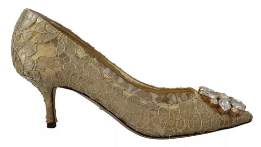 Dolce & Gabbana Gold Taormina Lace Crystal Heels Pumps Shoes - SMARTMARTNZ