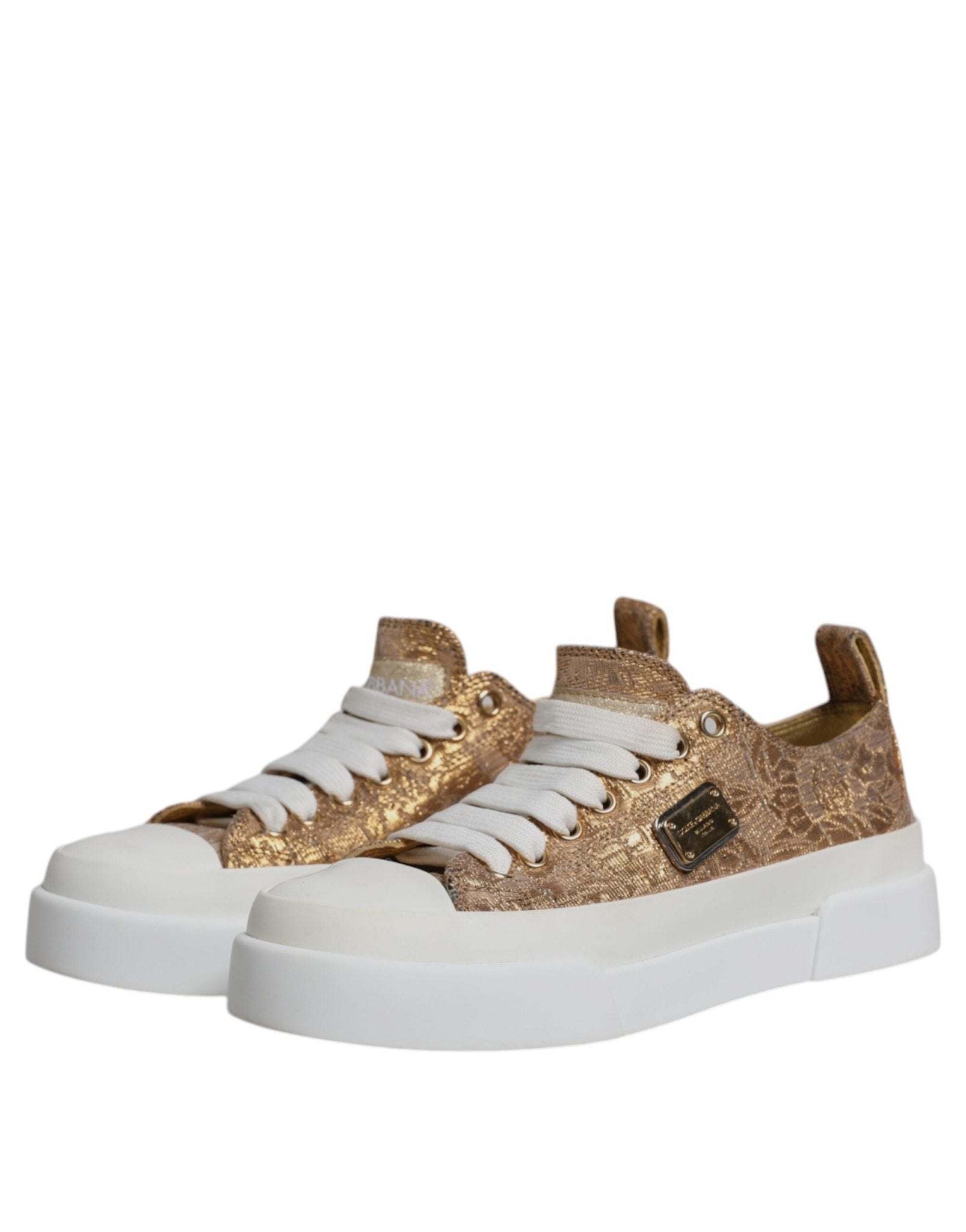 Dolce & Gabbana Gold White Logo Low Top Sneakers Shoes - SMARTMARTNZ