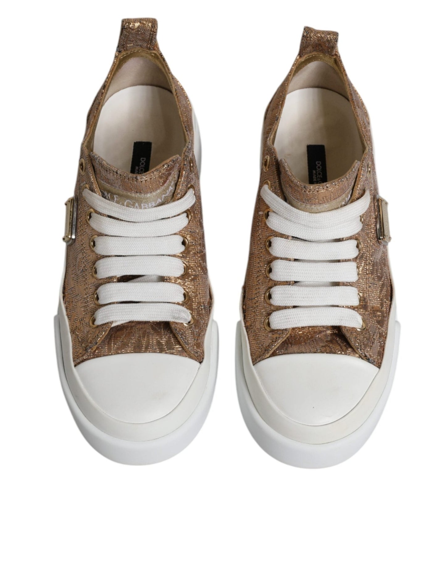 Dolce & Gabbana Gold White Logo Low Top Sneakers Shoes - SMARTMARTNZ