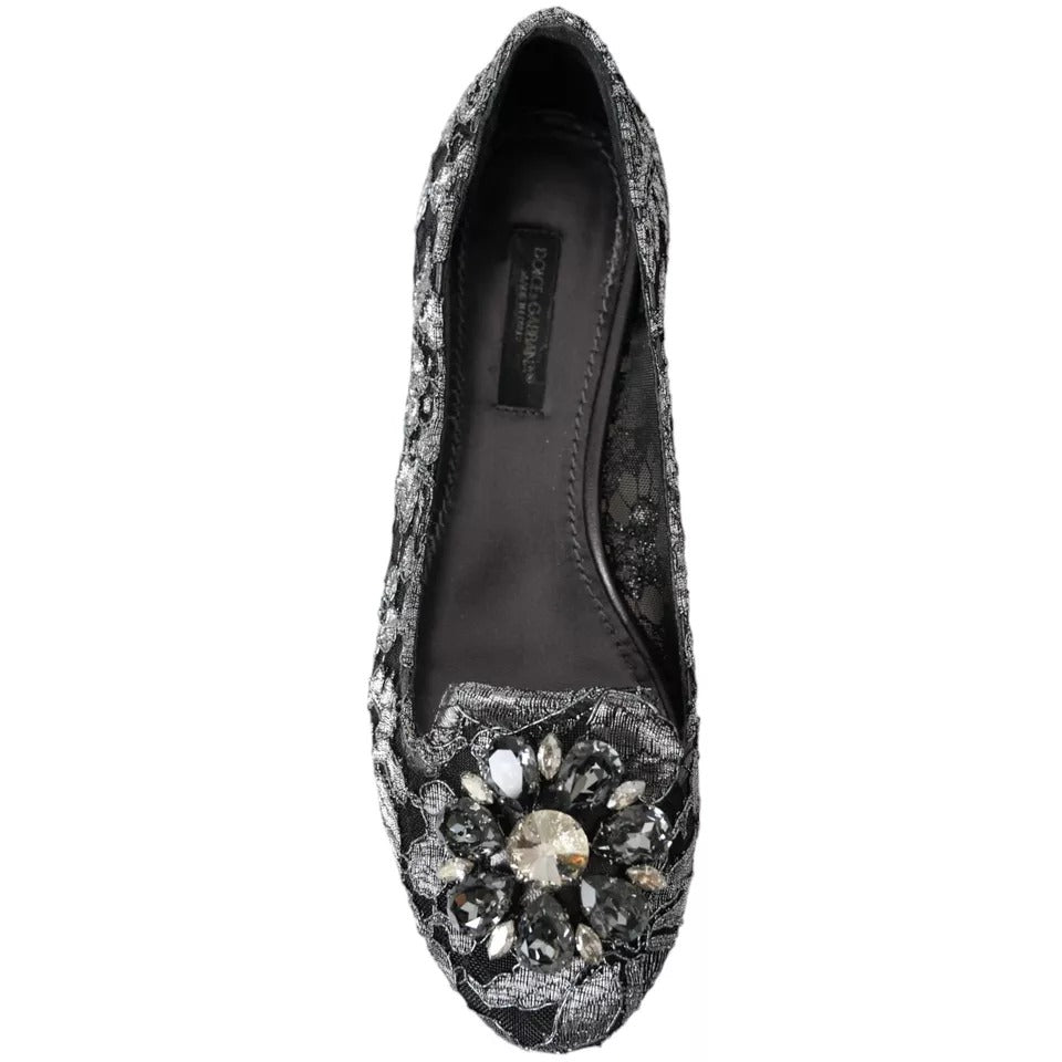 Dolce & Gabbana Gray Black Lace Crystal Ballet Loafers Shoes - SMARTMARTNZ