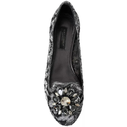 Dolce & Gabbana Gray Black Lace Crystal Ballet Loafers Shoes - SMARTMARTNZ