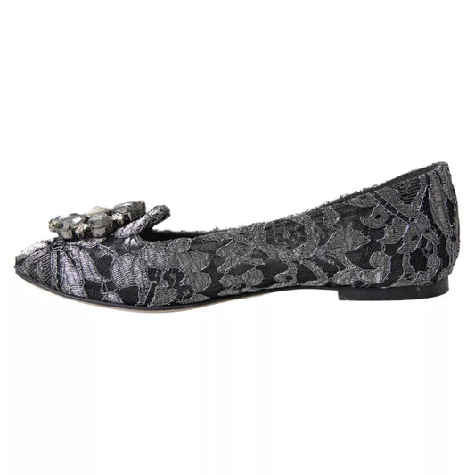 Dolce & Gabbana Gray Black Lace Crystal Ballet Loafers Shoes - SMARTMARTNZ