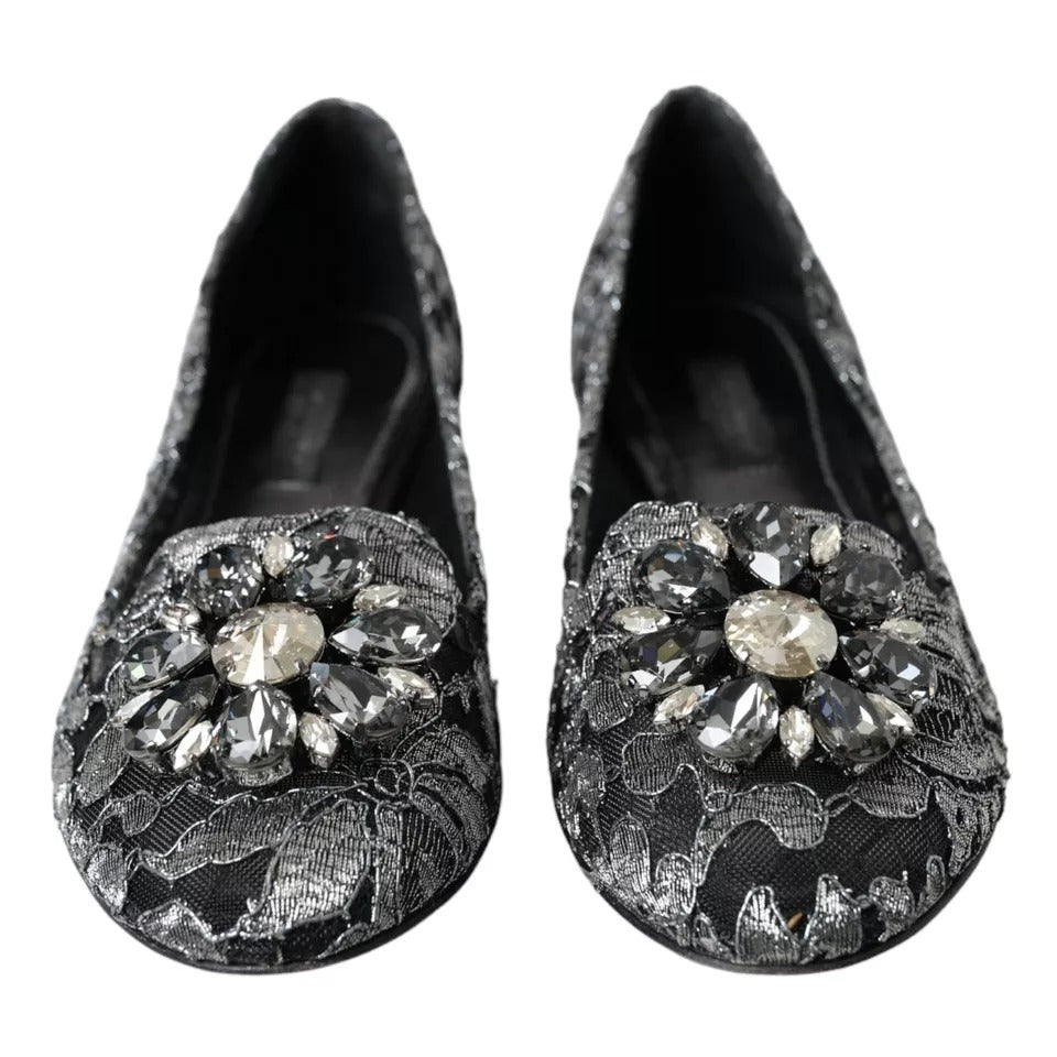 Dolce & Gabbana Gray Black Lace Crystal Ballet Loafers Shoes - SMARTMARTNZ