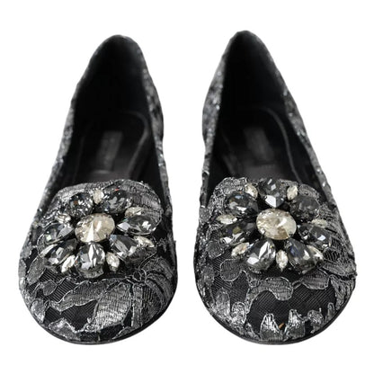 Dolce & Gabbana Gray Black Lace Crystal Ballet Loafers Shoes - SMARTMARTNZ