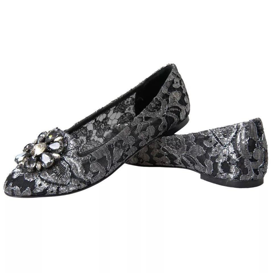 Dolce & Gabbana Gray Black Lace Crystal Ballet Loafers Shoes - SMARTMARTNZ